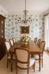 Tea & Toile Tales Wallpaper with blue and white toile pattern.
