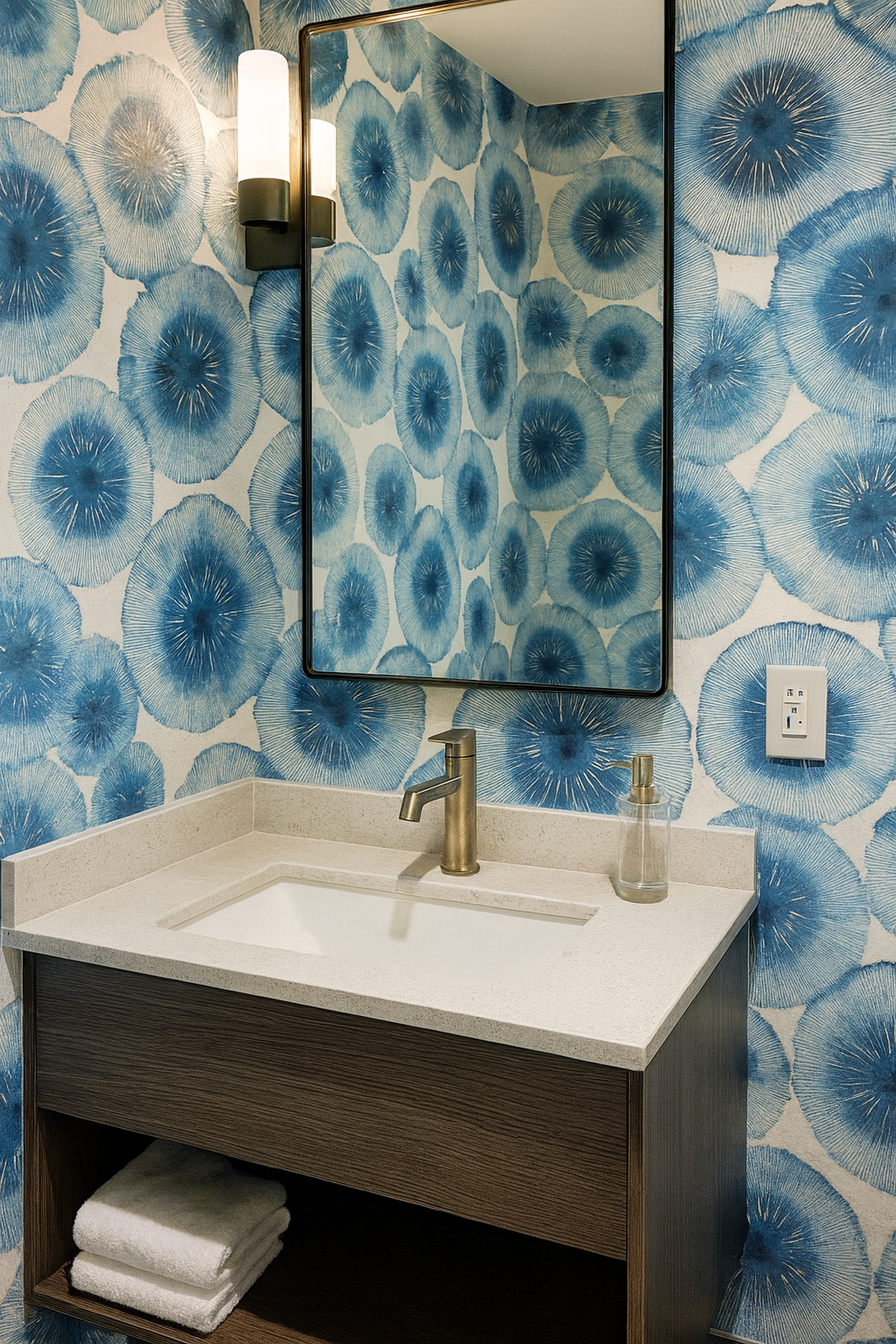 Indigo fungi bloom wallpaper with blue floral pattern on white background.
