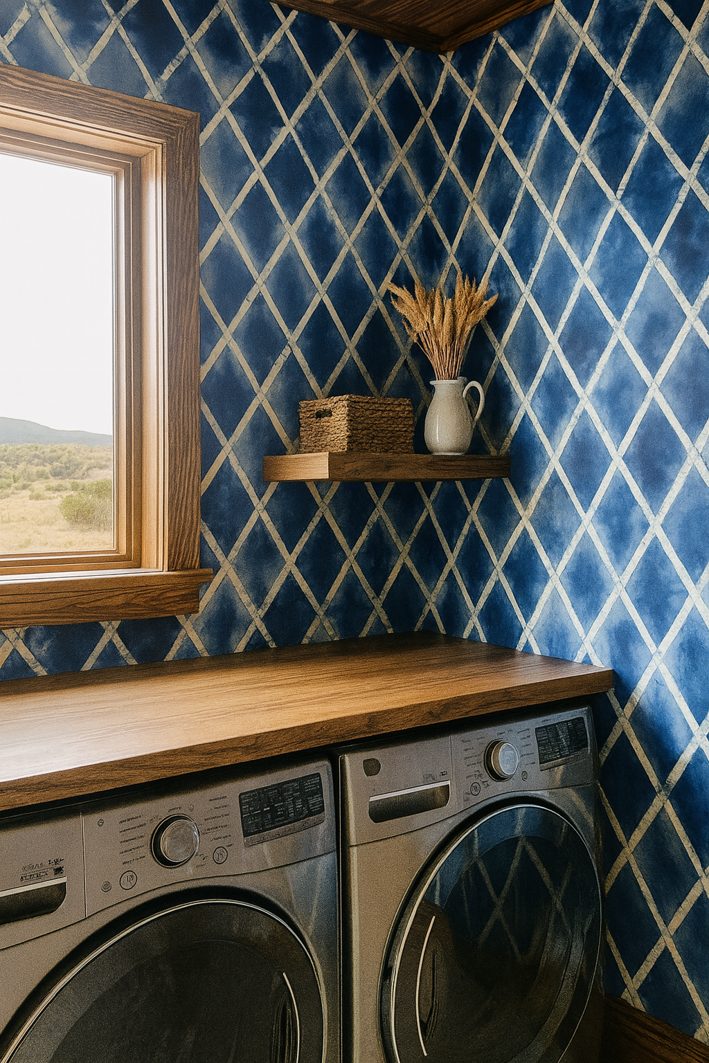 Diamond patterned wallpaper with blue shibori print, with wheat stalks and basket on a wooden shelf.
