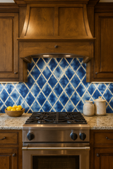 Blue diamond drift wallpaper with shibori chic pattern, covering the kitchen wall above the stove.