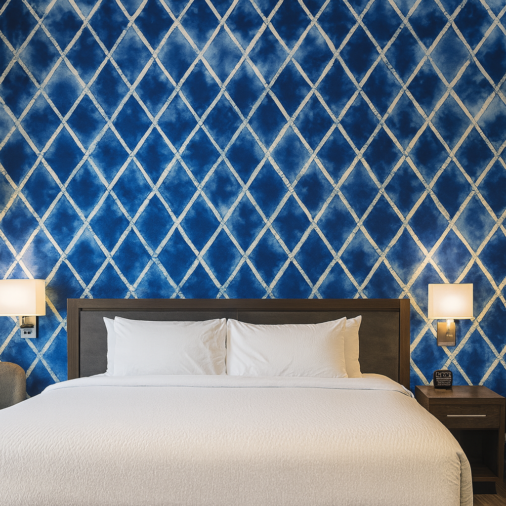 Diamond drift wallpaper with shibori-inspired pattern, a design of blue and white geometric shapes.