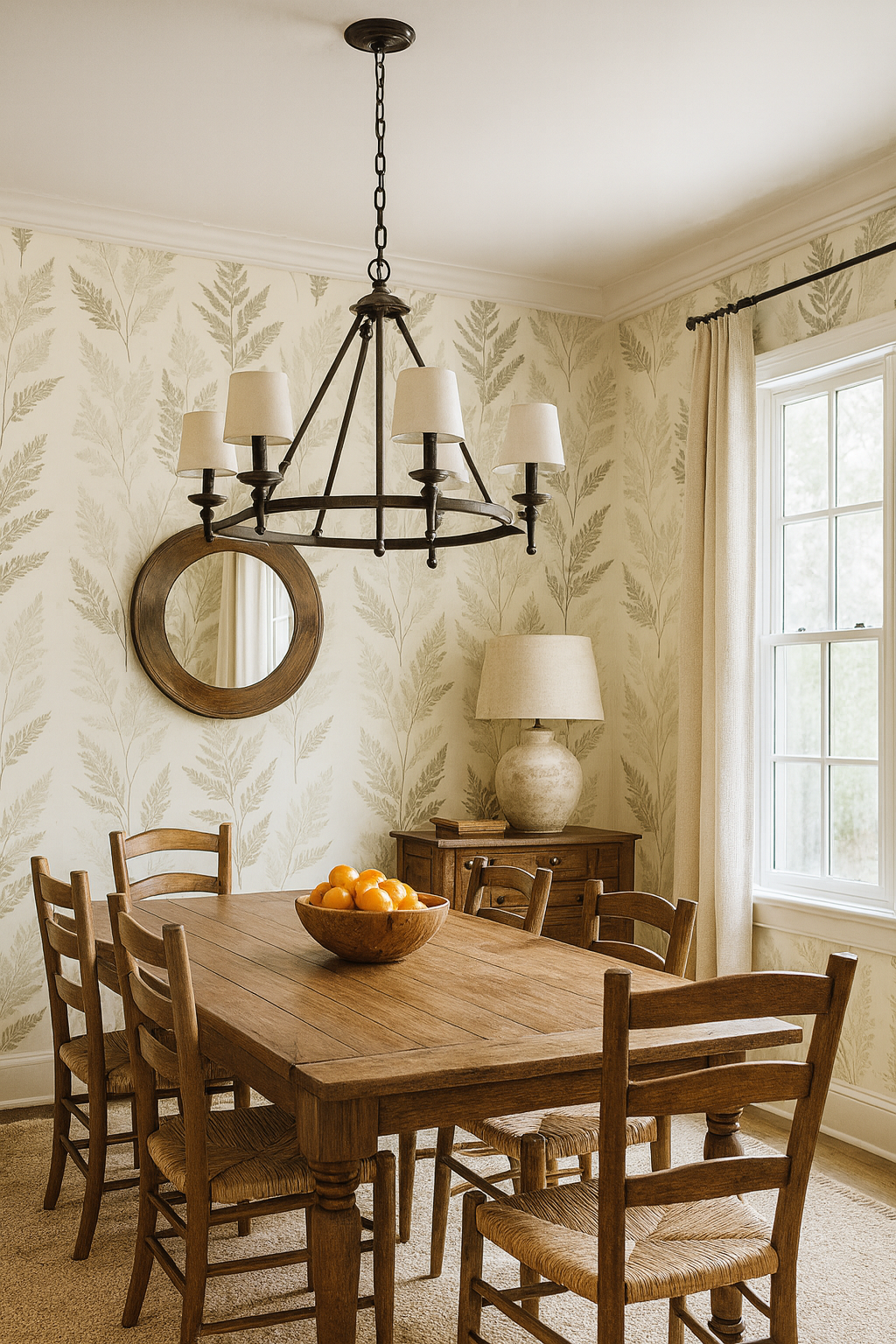 Fern-patterned wallpaper in cream and green, with a fern leaf design, covering the dining room walls.