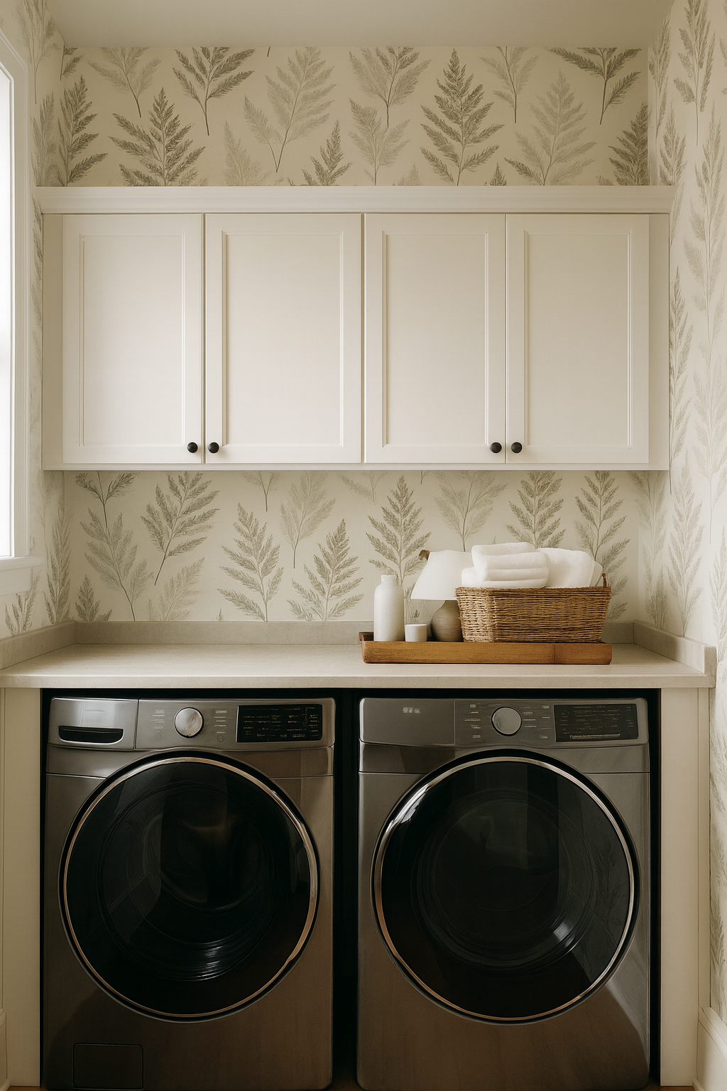Fern wallpaper in gray and beige, with leafy pattern covering the walls.