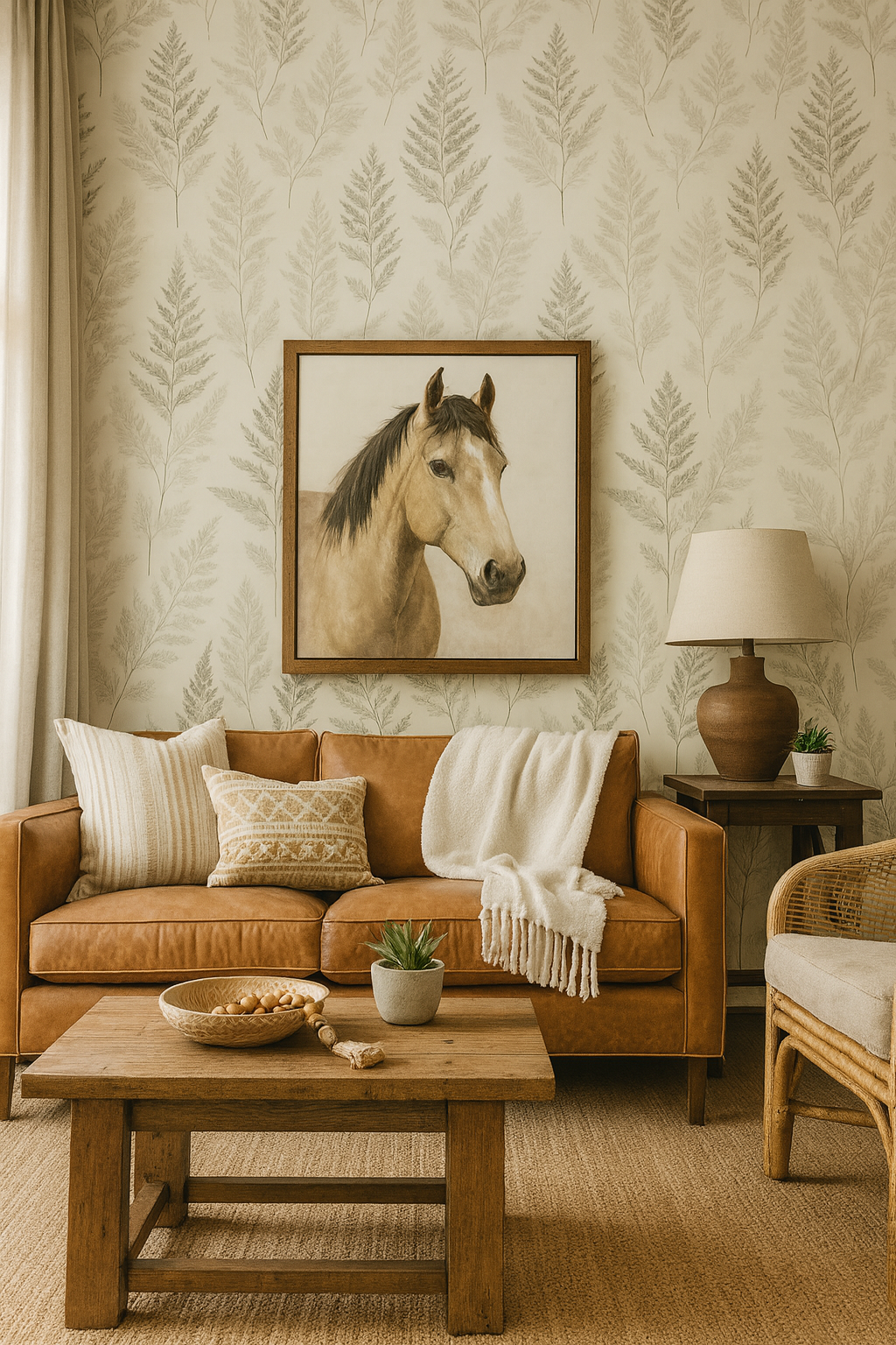 Fern pattern wallpaper with a neutral background, featuring an ink wash leaf print.

