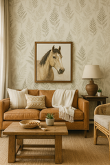 Fern pattern wallpaper with a neutral background, featuring an ink wash leaf print.
