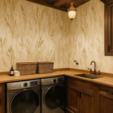 Neutral wallpaper with a wheat pattern and a beige backdrop, textured for a natural style.