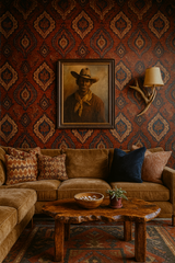 Souk Garnet tapestry wallpaper with a damask pattern, next to a Western style portrait and antler sconce.
