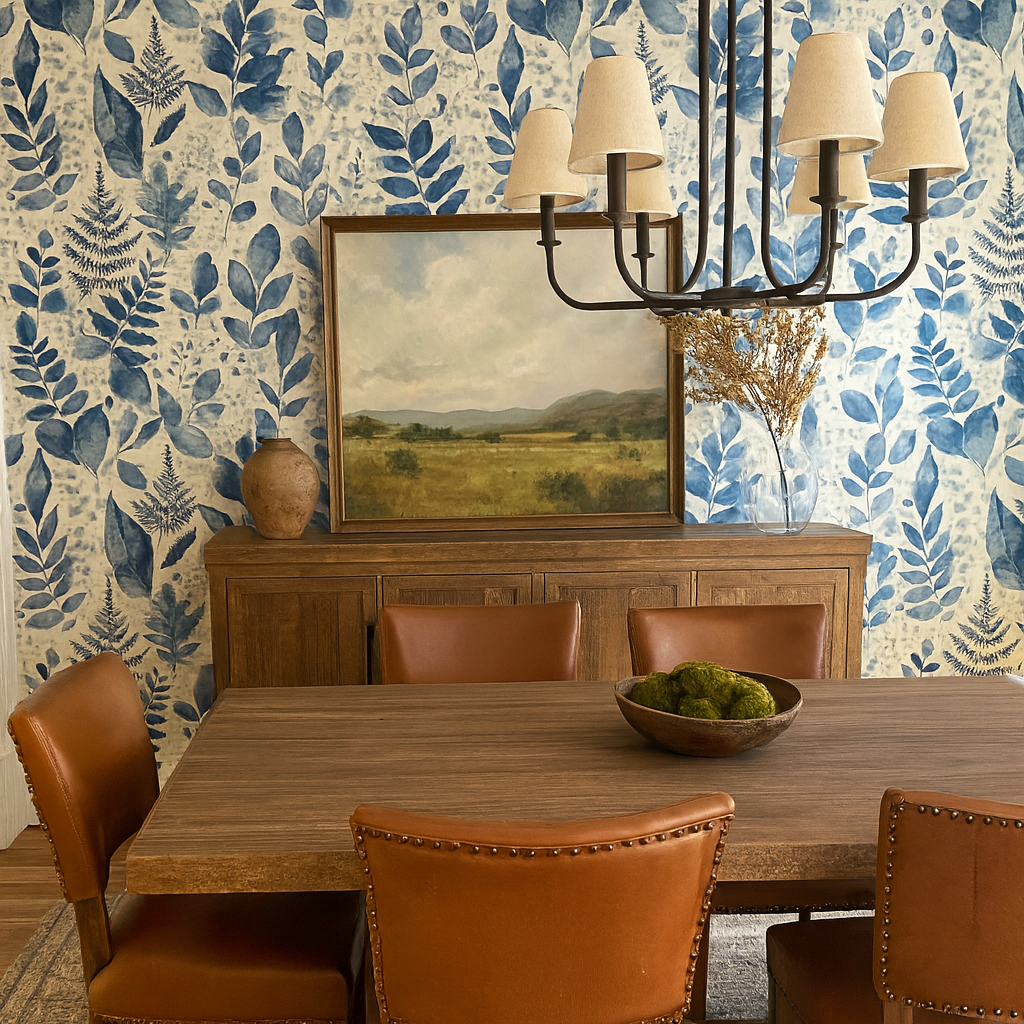 Botanical Blueprint Wallpaper with a blue leaf pattern covering the wall.
