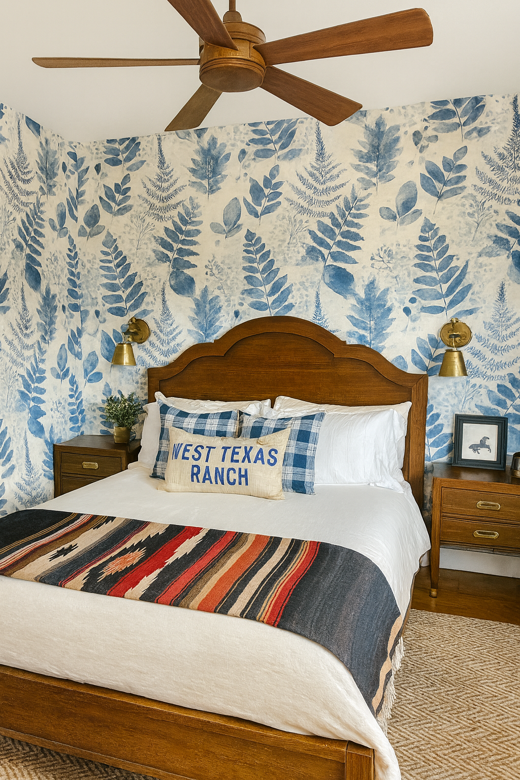 Botanical blueprint wallpaper with blue leaf pattern on an off-white background covering the walls in a bedroom.