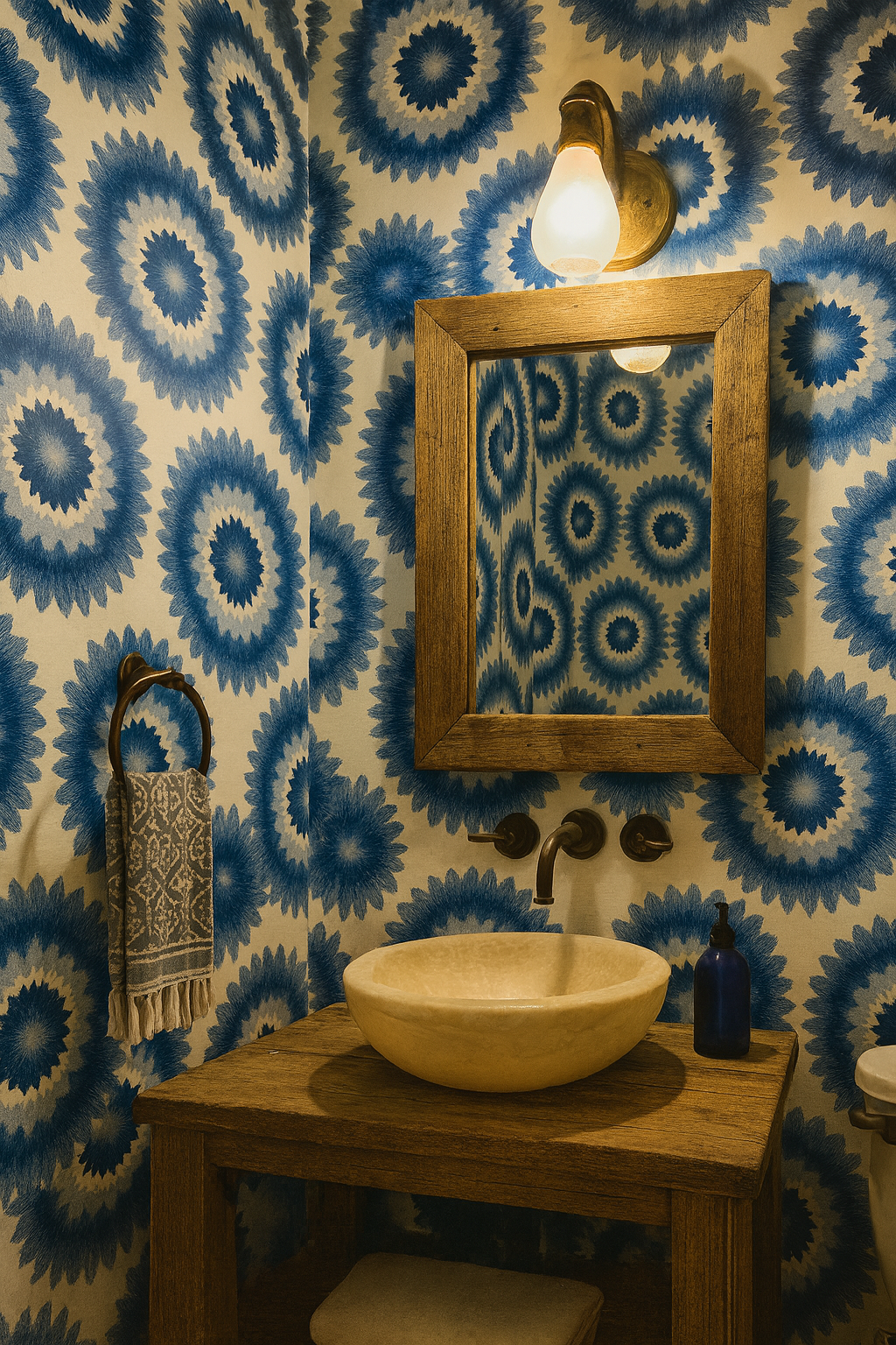 Floral wallpaper with sunburst pattern, textured with blue and white, reflected in a wooden-framed mirror.