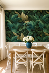 Jungle Tones wallpaper featuring green leaves and tropical plant design.