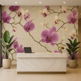 Floral orchid blossom wallpaper with beige background, featuring purple and white flower pattern.
