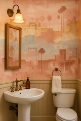 Desert Mirage wallpaper featuring palm trees and city buildings with a vintage, pastel-colored aesthetic.
