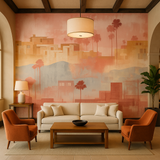 Desert Mirage Wallpaper with city and palm tree design, in warm tones.
