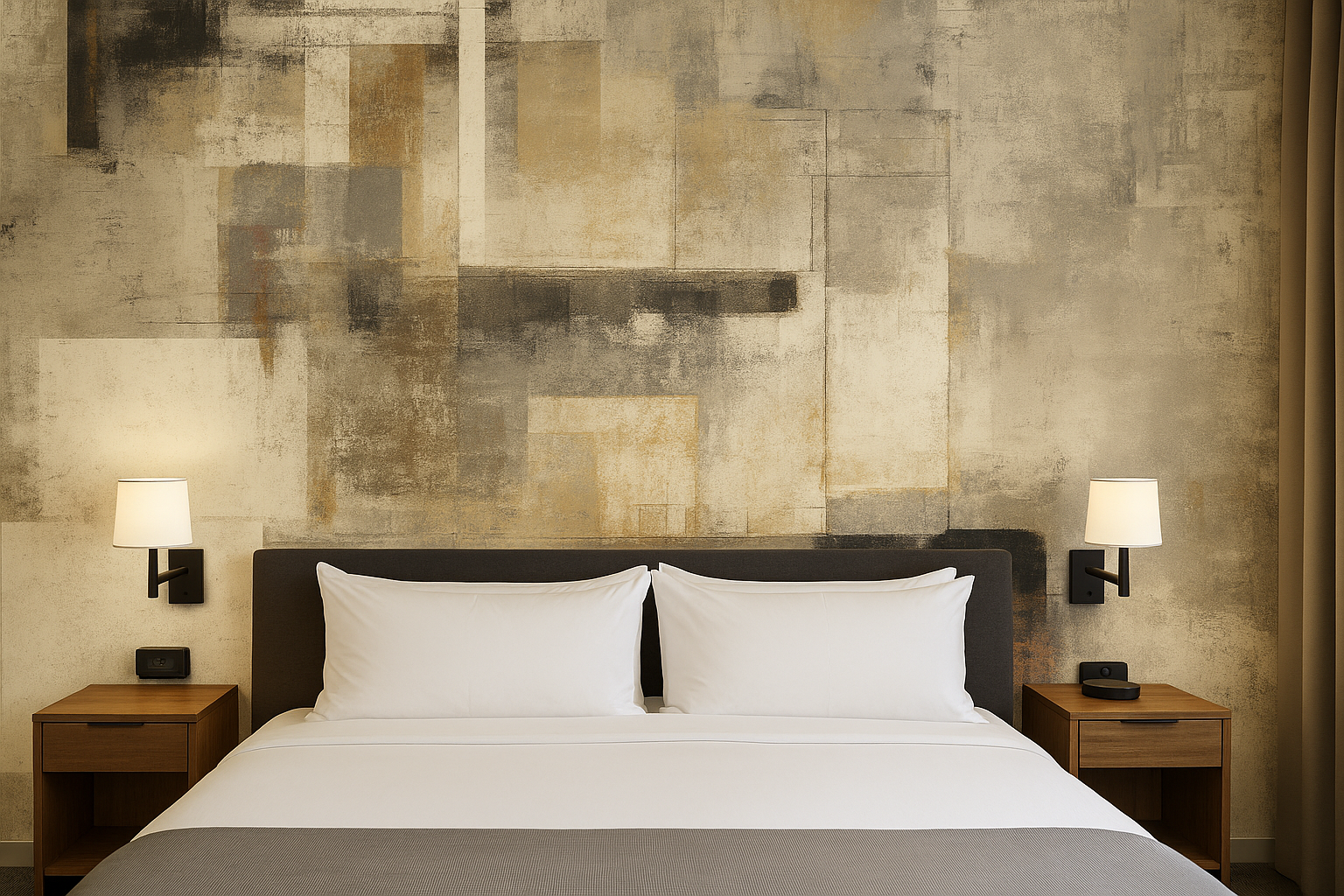 Abstract patterned wallpaper by Ghost Grid featuring tan, gray, and beige geometric shapes.