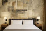 Abstract patterned wallpaper by Ghost Grid featuring tan, gray, and beige geometric shapes.