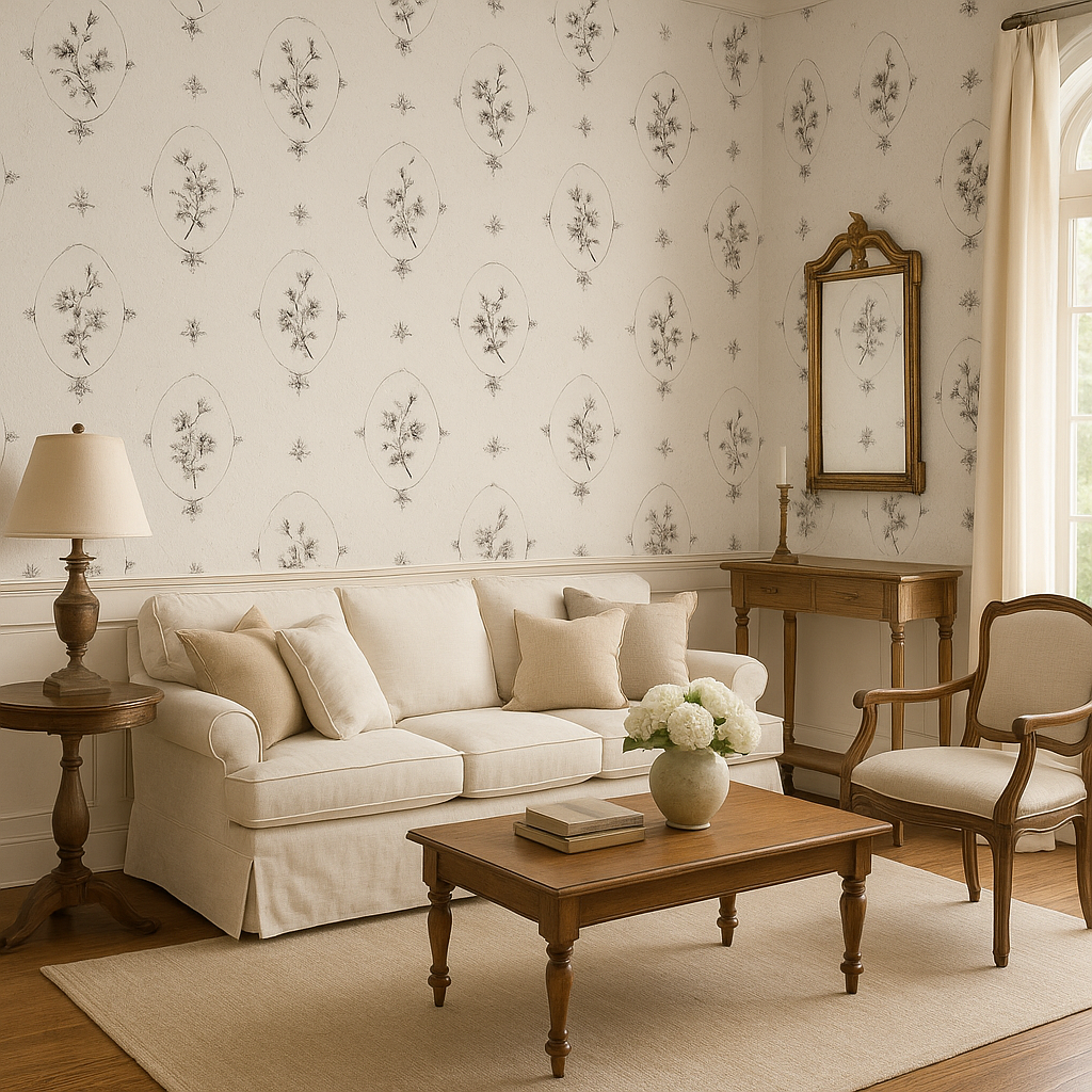 Inked Botanica wallpaper with botanical pattern on a neutral background.