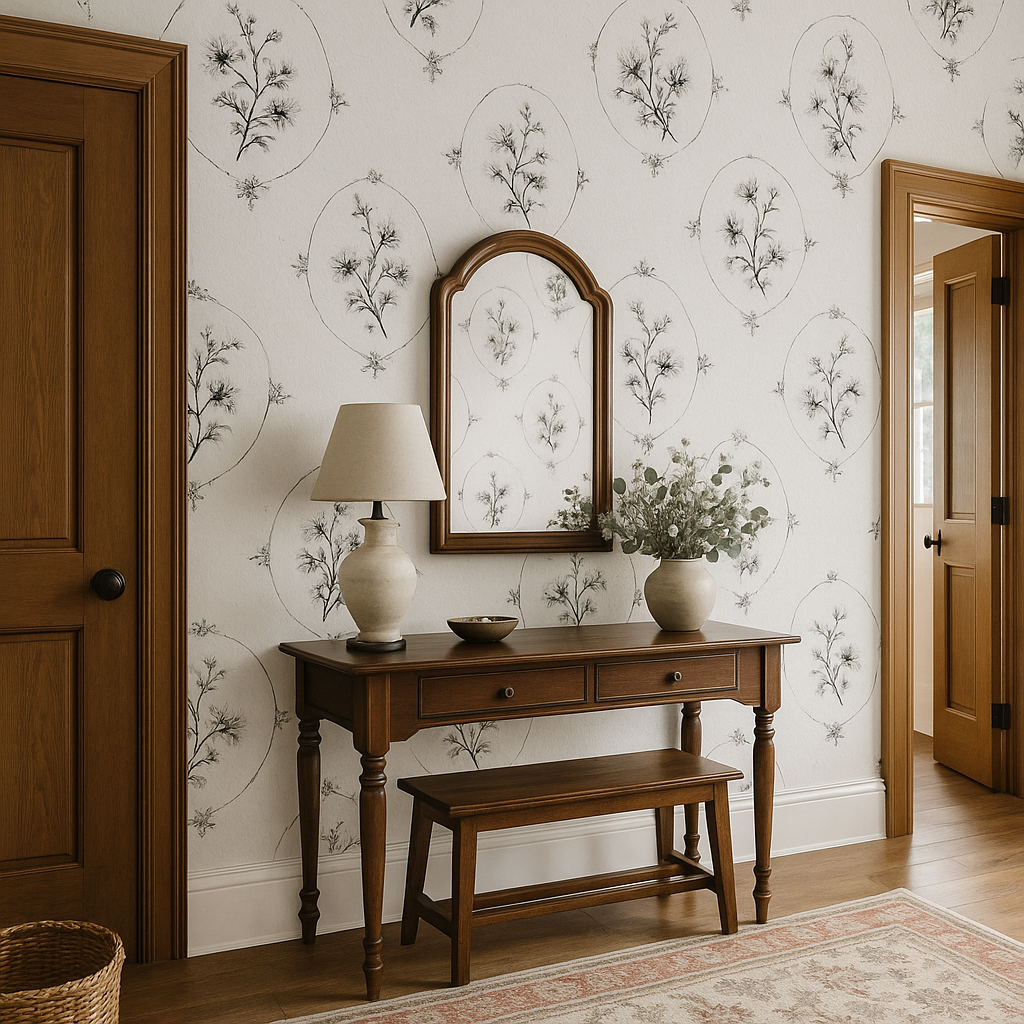 Inked Botanica Wallpaper with floral pattern on a white textured surface.