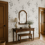 Inked Botanica Wallpaper with floral pattern on a white textured surface.