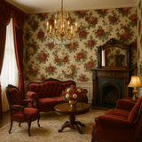 Floral patterned wallpaper with red and white roses on a tan background.