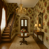 Floral wallpaper with a rose tangle pattern on a tan backdrop.
