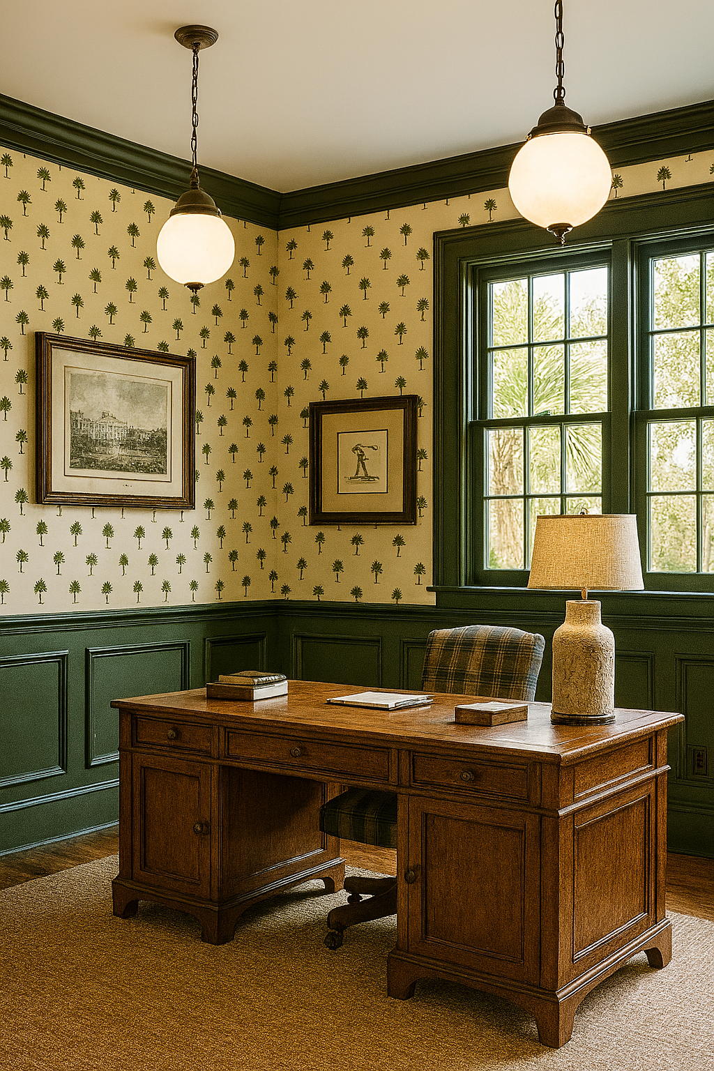 Carolina Palms Wallpaper with tree pattern on cream-colored background.