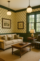 Carolina Palms Wallpaper with a repeating tree pattern, covering the walls of a traditionally styled room.
