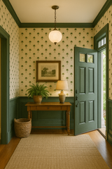 Patterned wallpaper with Carolina Palms design on a beige background.