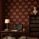 Laurel Court Wallpaper with gold fleur-de-lis pattern on a burgundy background.
