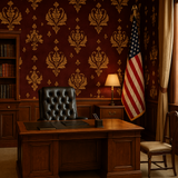 Ornate damask wallpaper with gold floral motifs on a deep red textured background.