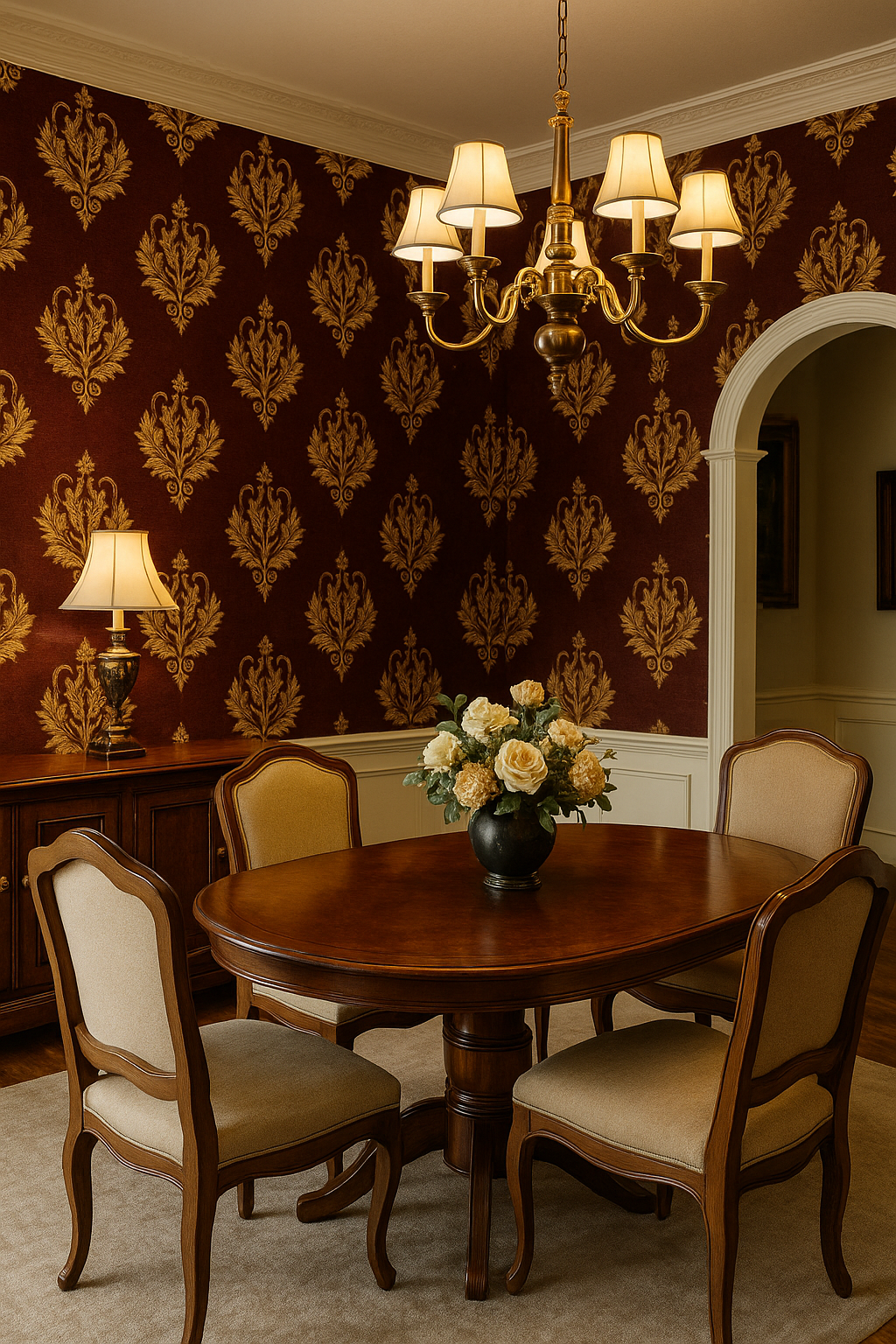 Laurel Court wallpaper with a damask pattern, covering the dining room wall behind a table and chandelier.