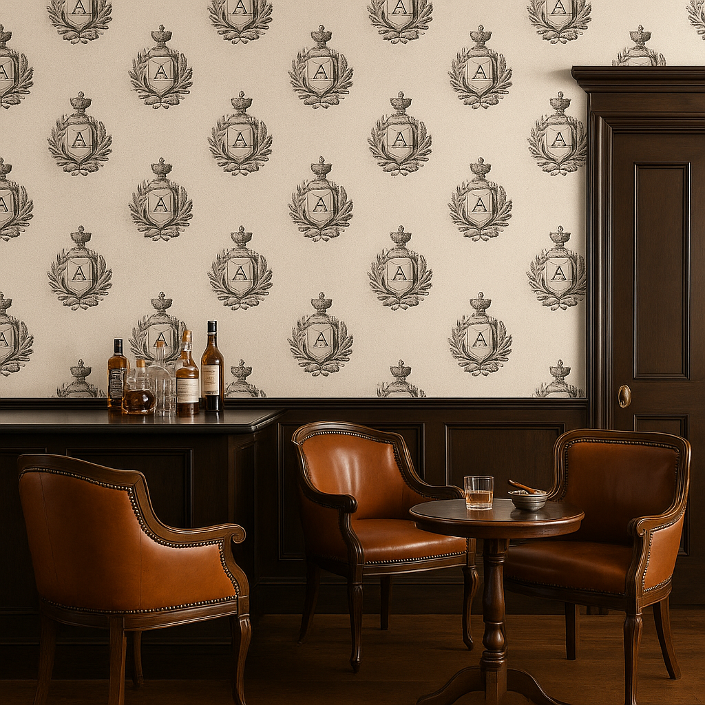 Beige Monogram Manor Wallpaper with repeating crest pattern.