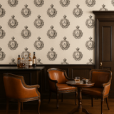 Beige Monogram Manor Wallpaper with repeating crest pattern.