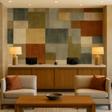 Appalachian Patchwork Wallpaper with square block pattern and neutral color scheme.