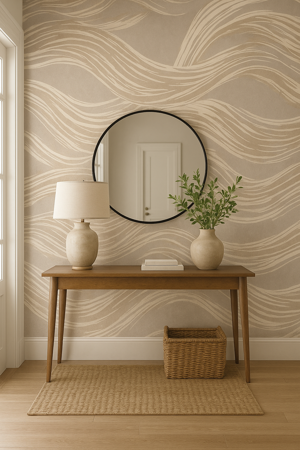 Dune currents wallpaper with wave pattern on a wall, with a round mirror and a table.