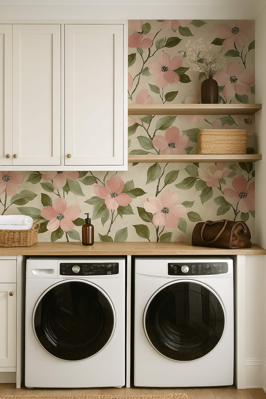 Dogwood Simplicity Wallpaper with floral pattern and leaves, covering the wall behind floating shelves and a laundry area.
