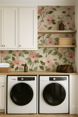 Dogwood Simplicity Wallpaper with floral pattern and leaves, covering the wall behind floating shelves and a laundry area.
