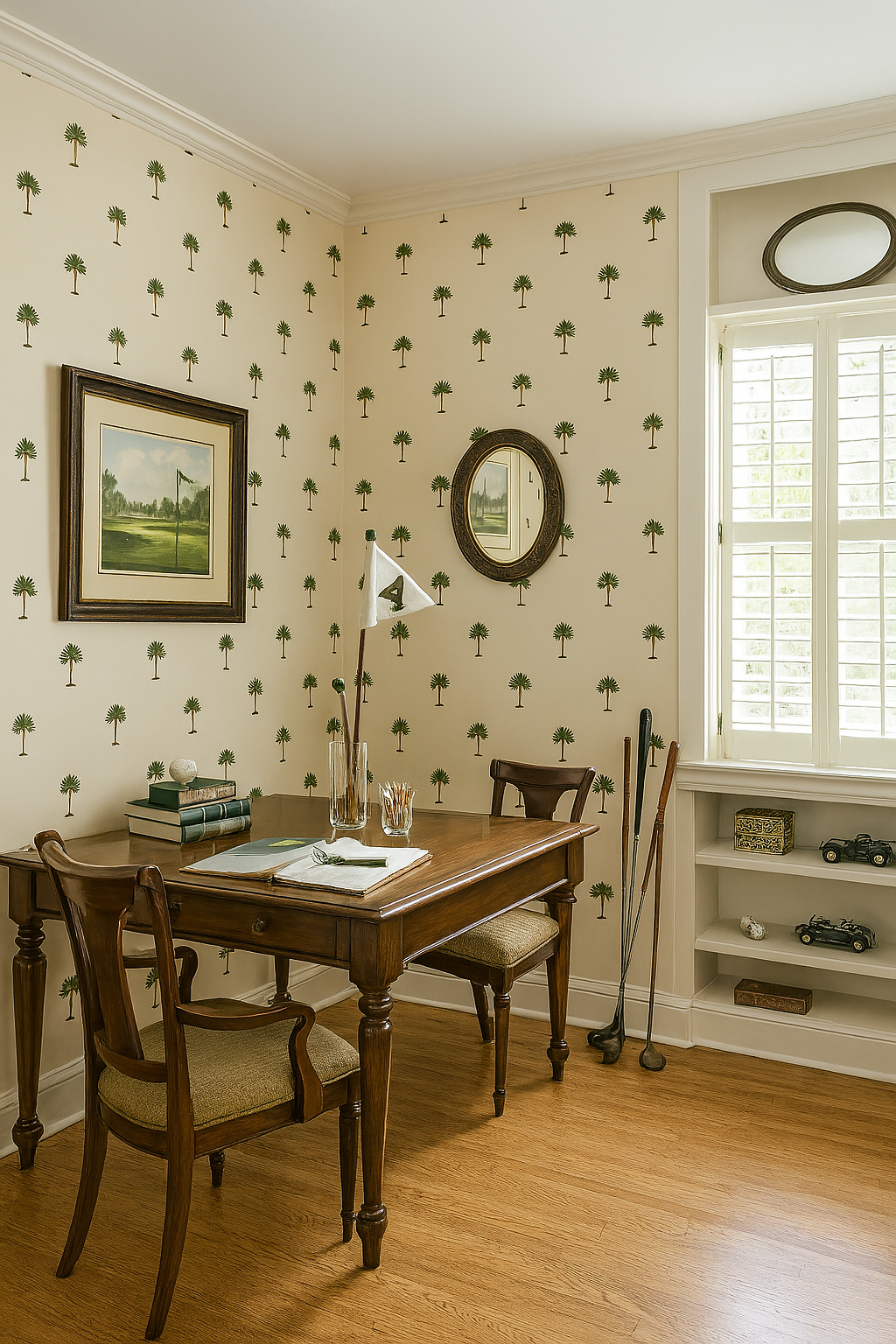 Carolina Palms Wallpaper with green palm tree pattern on a beige background.
