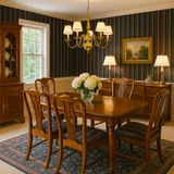 Striped wallpaper in navy, red, and green, with a traditional equestrian design.