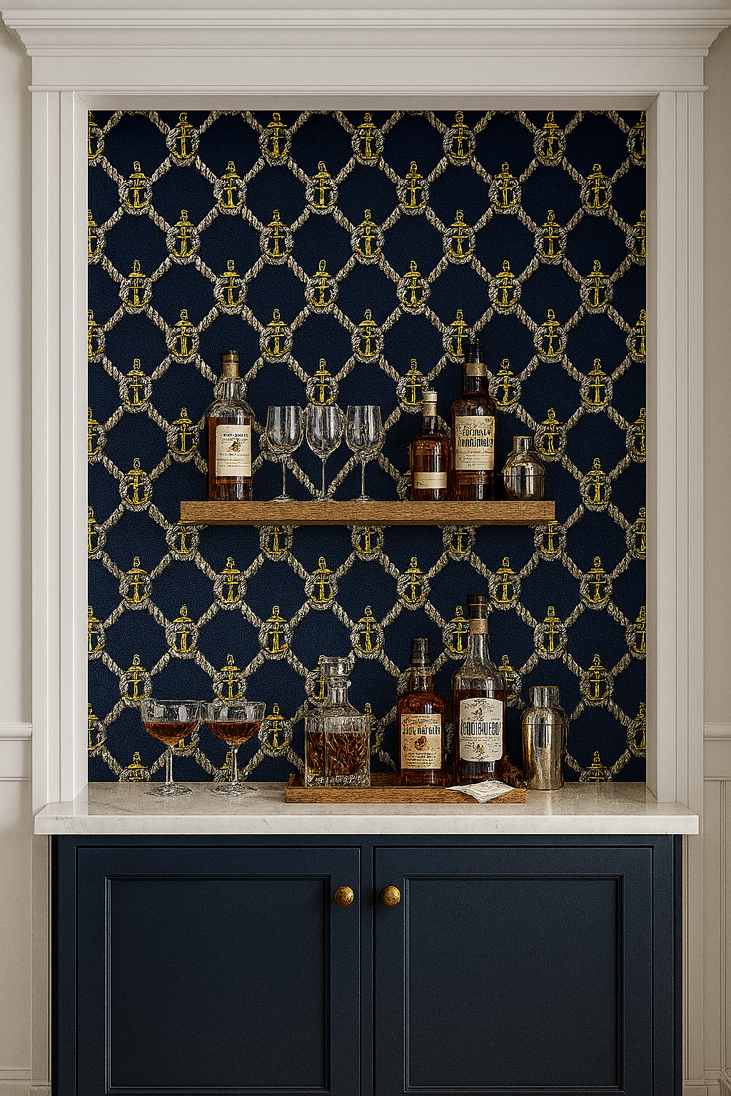 Nautical heritage wallpaper featuring a navy blue anchor and rope design, creating a classic maritime pattern.
