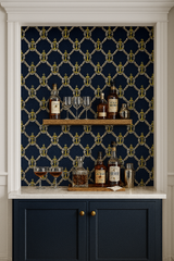 Nautical heritage wallpaper featuring a navy blue anchor and rope design, creating a classic maritime pattern.
