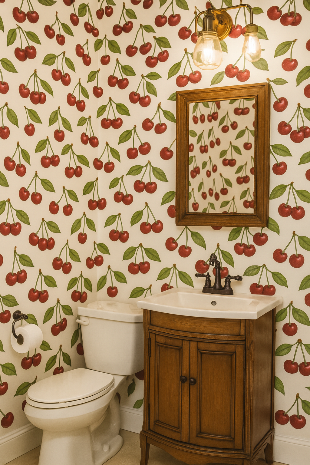 Cherry Bombshell wallpaper with a red cherry pattern on a white background.