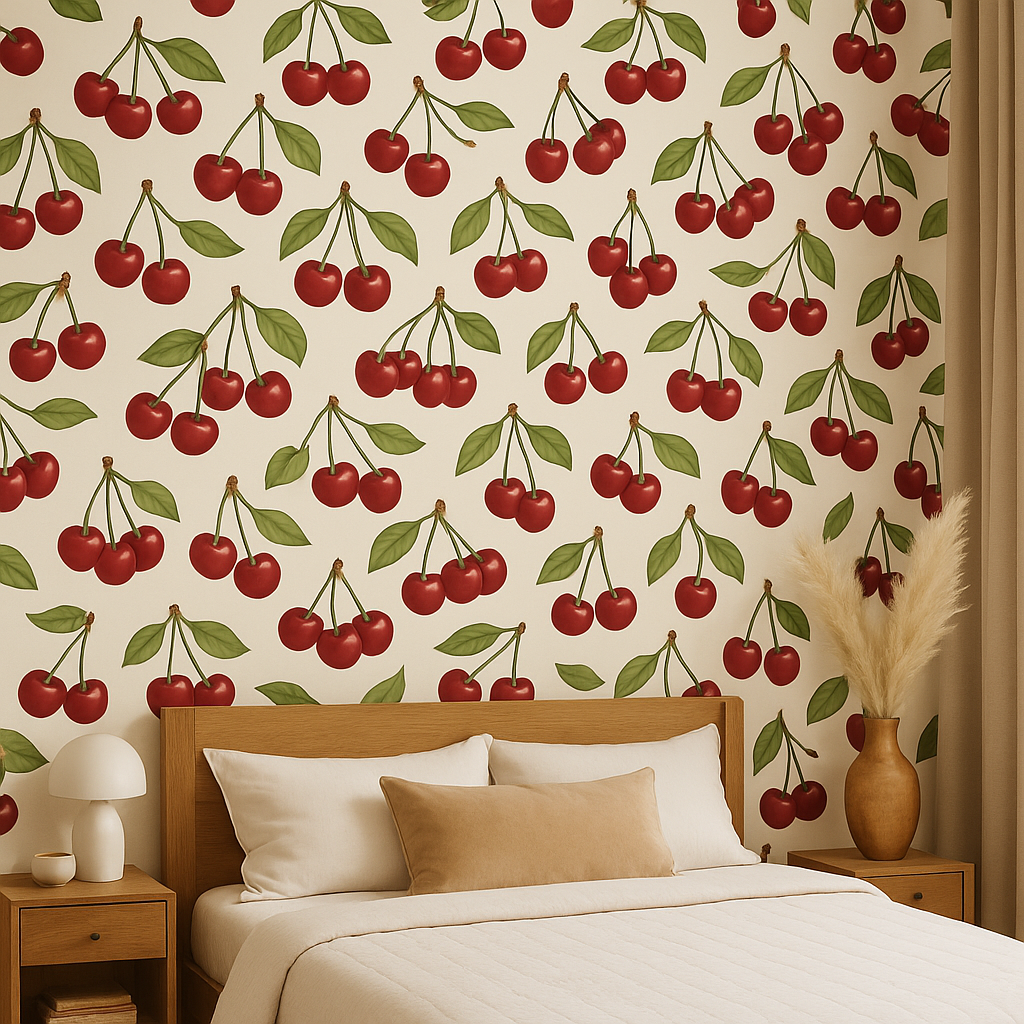 Cherry Bombshell Wallpaper featuring a playful cherry pattern, styled in a bedroom setting with natural light.
