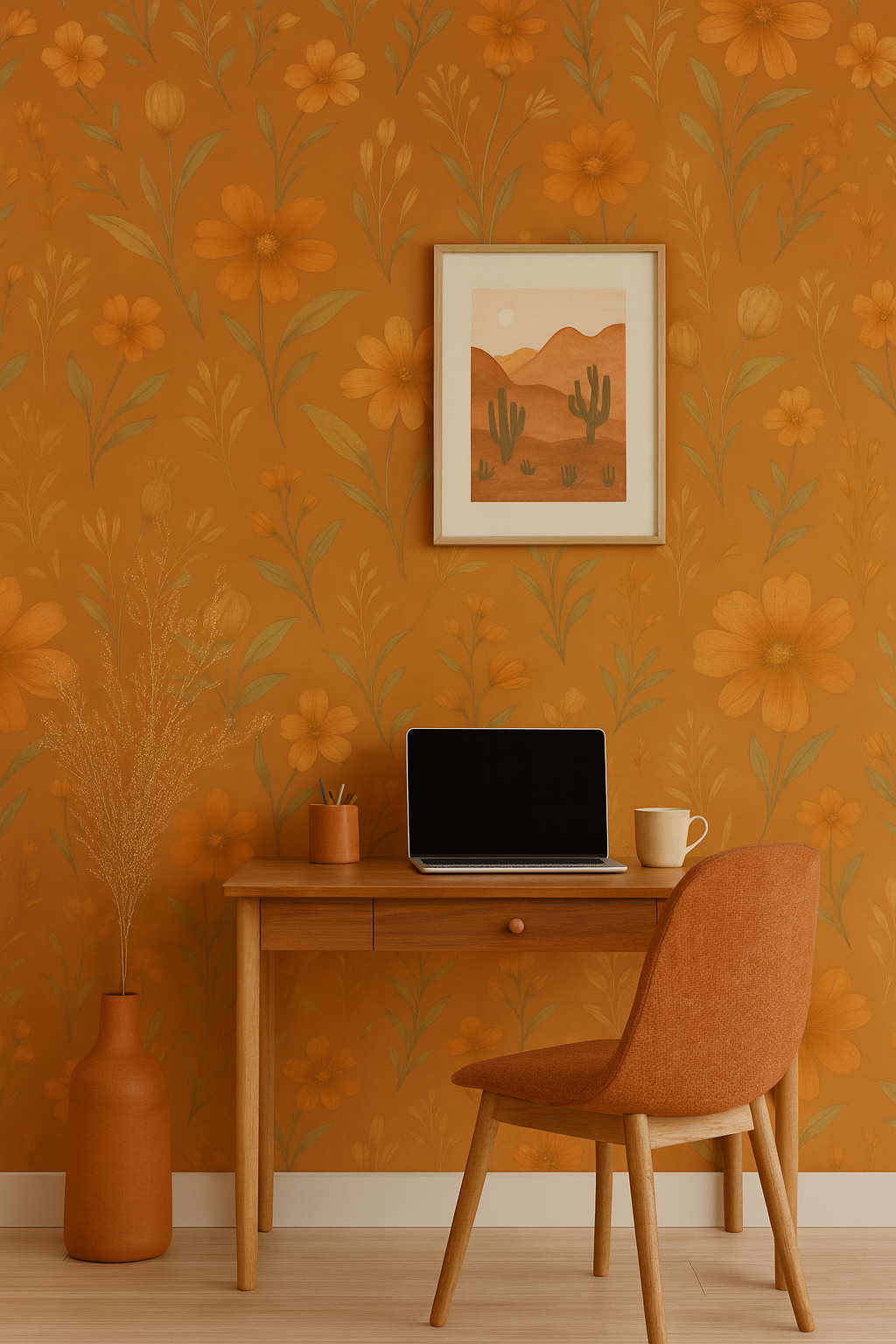 Terracotta Blooms Wallpaper with orange floral pattern.