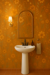 Terracotta blooms wallpaper with floral pattern on an orange background.
