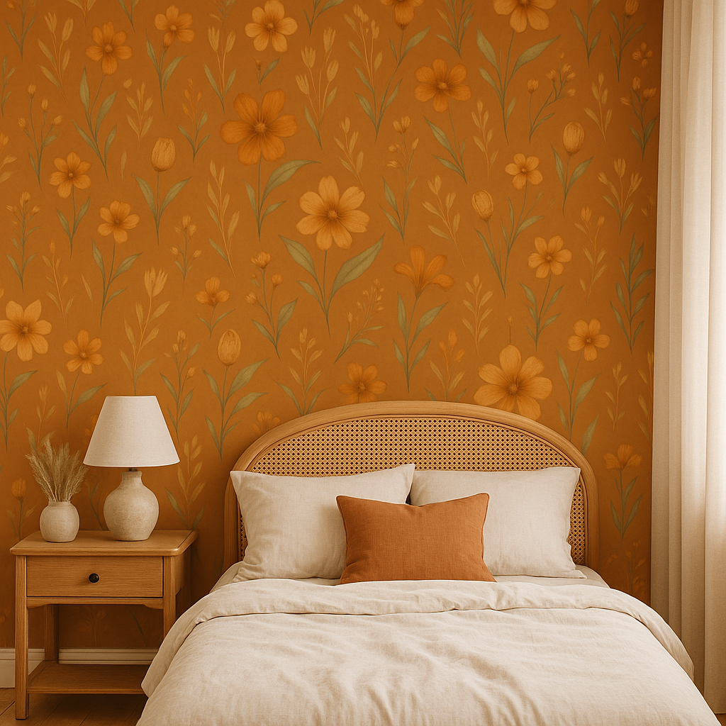 Terracotta floral wallpaper with blooms and leaves, styled as a bedroom wall covering.
