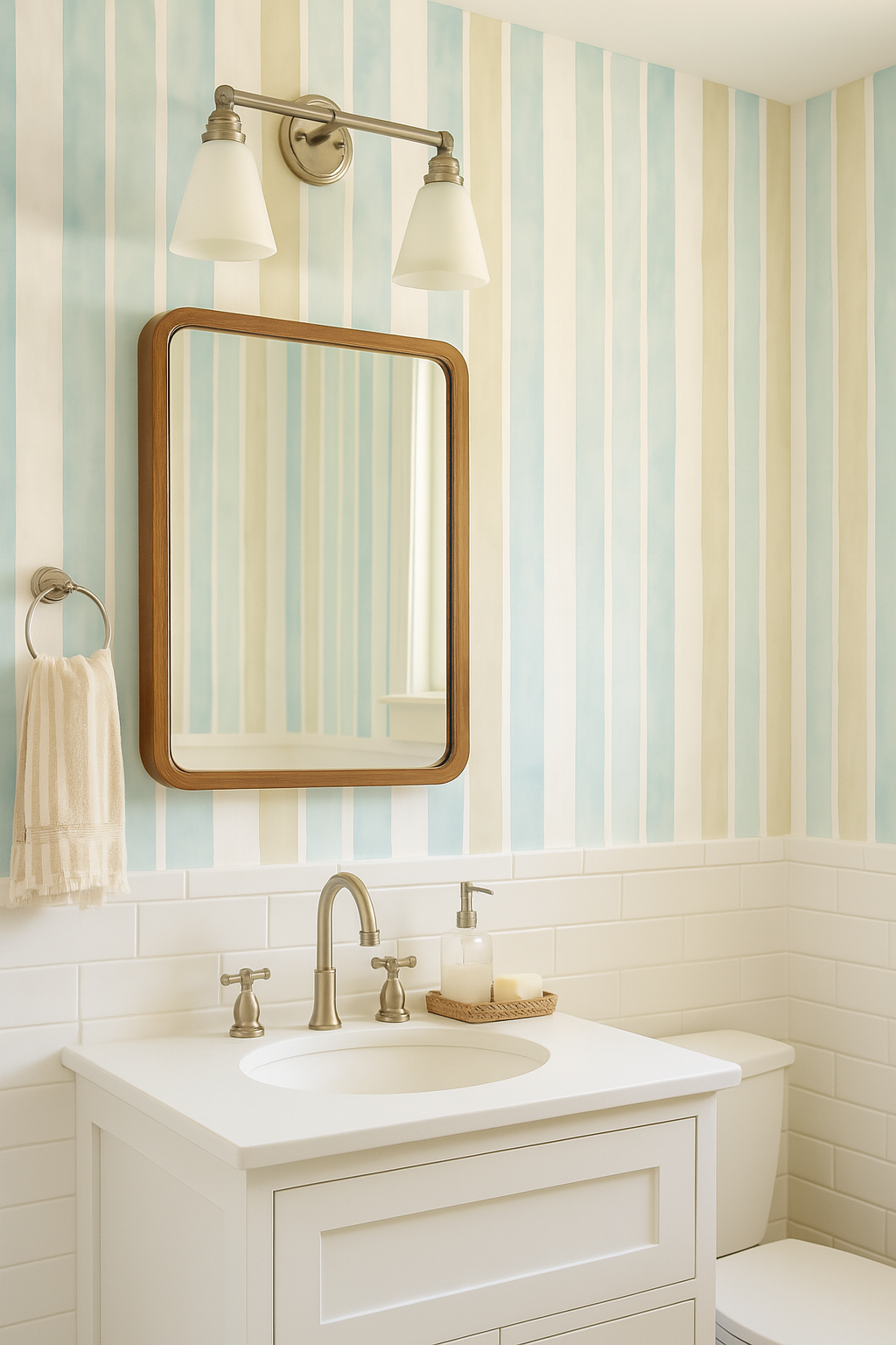 Striped wallpaper with blue, beige, and white seaside linen stripes pattern.
