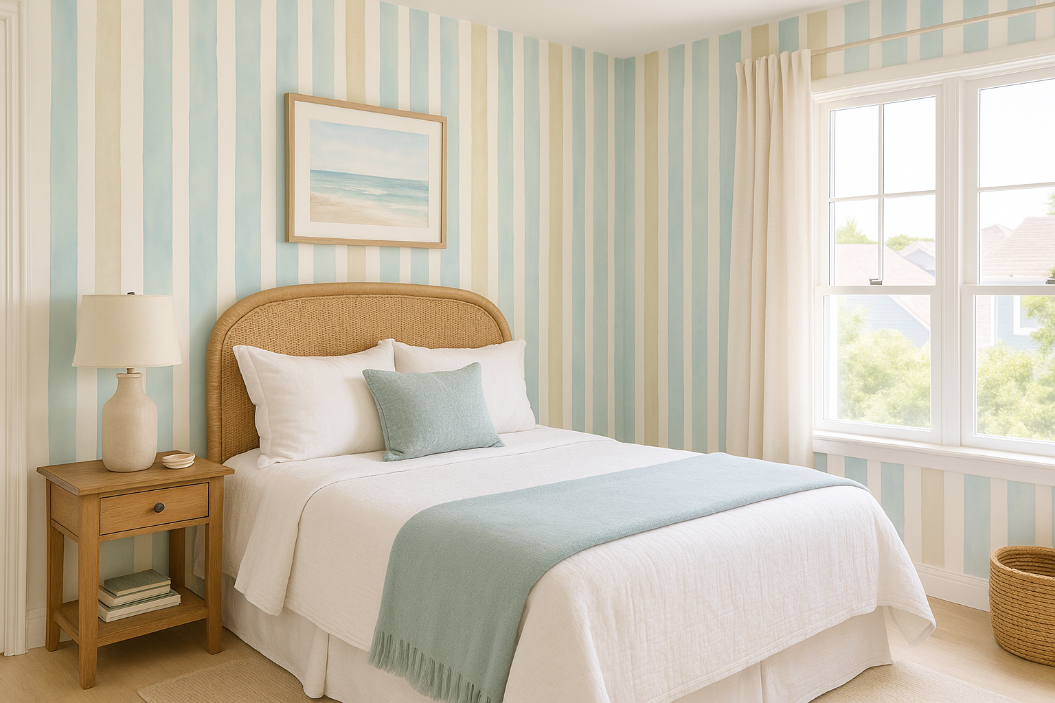 Seaside linen stripes wallpaper with vertical blue and beige pattern.
