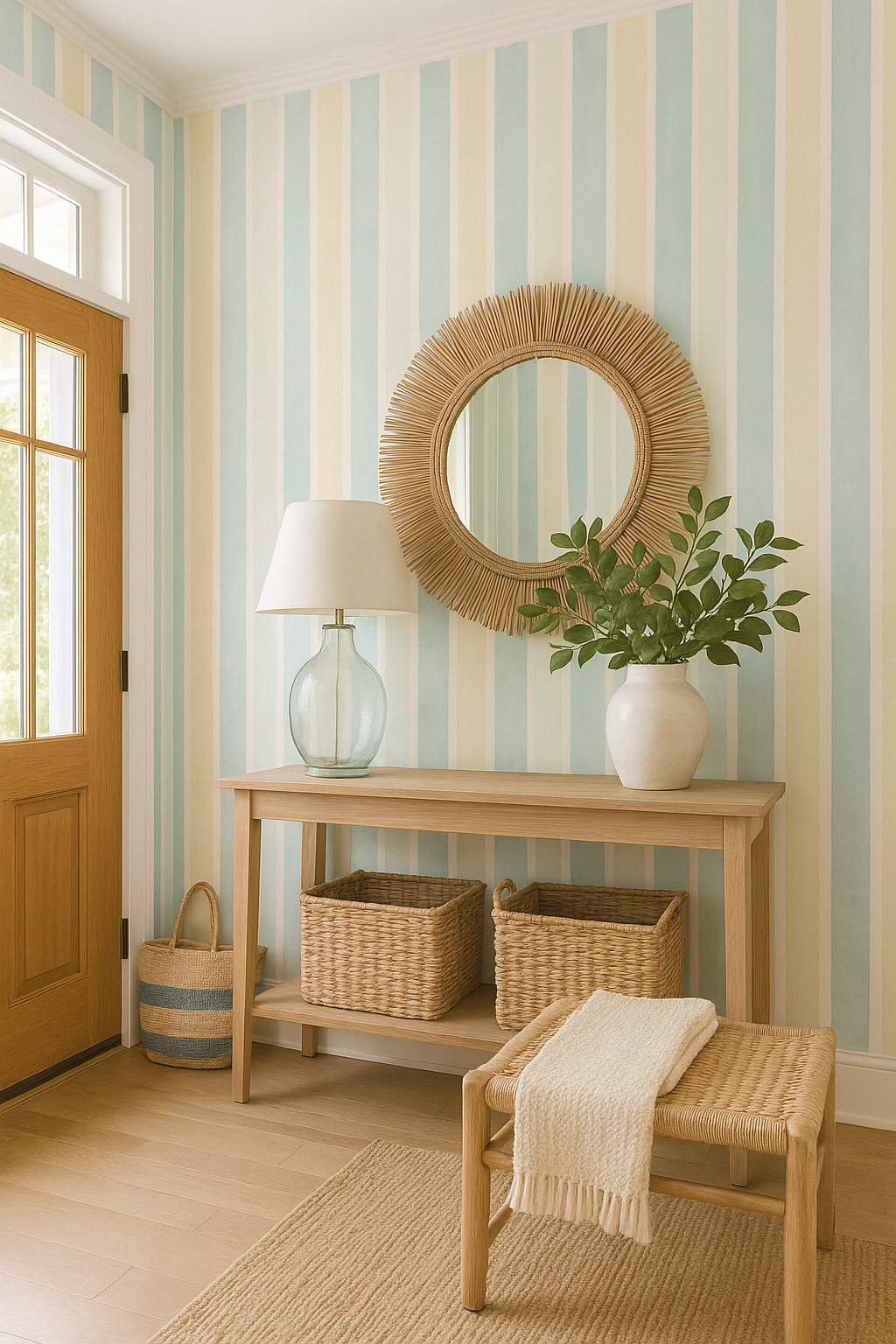 Striped Seaside Linen Wallpaper with yellow and light blue stripes, decorating a coastal-style entryway.
