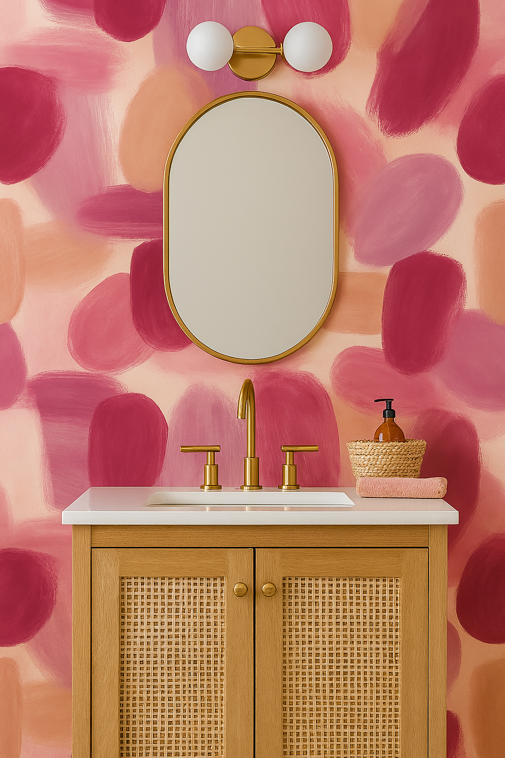 Mauve Horizon wallpaper with brushstroke design, in shades of pink and peach.